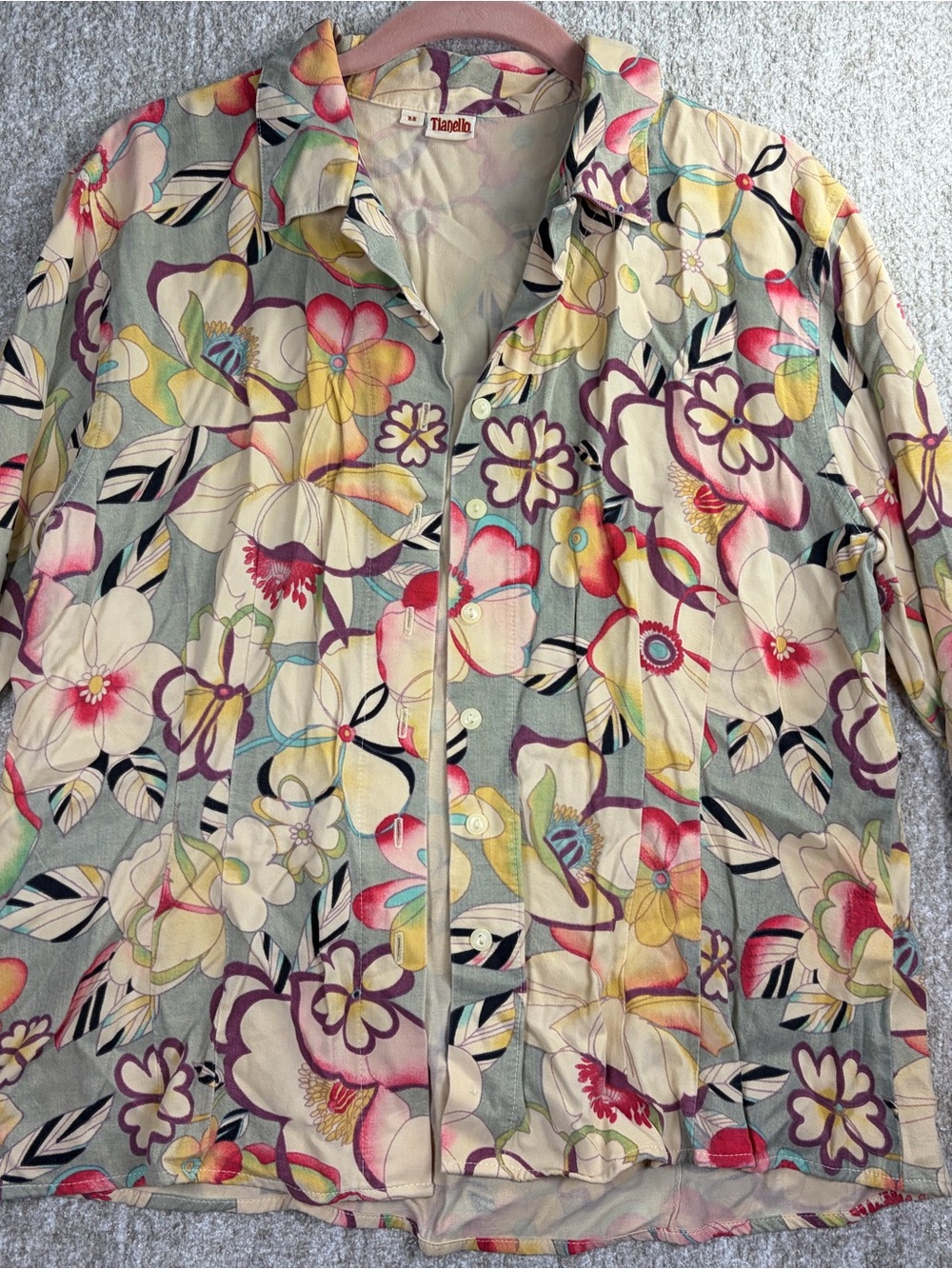Tianello Floral Button-Front Blouse in Cream, Yellow, Pink and Green